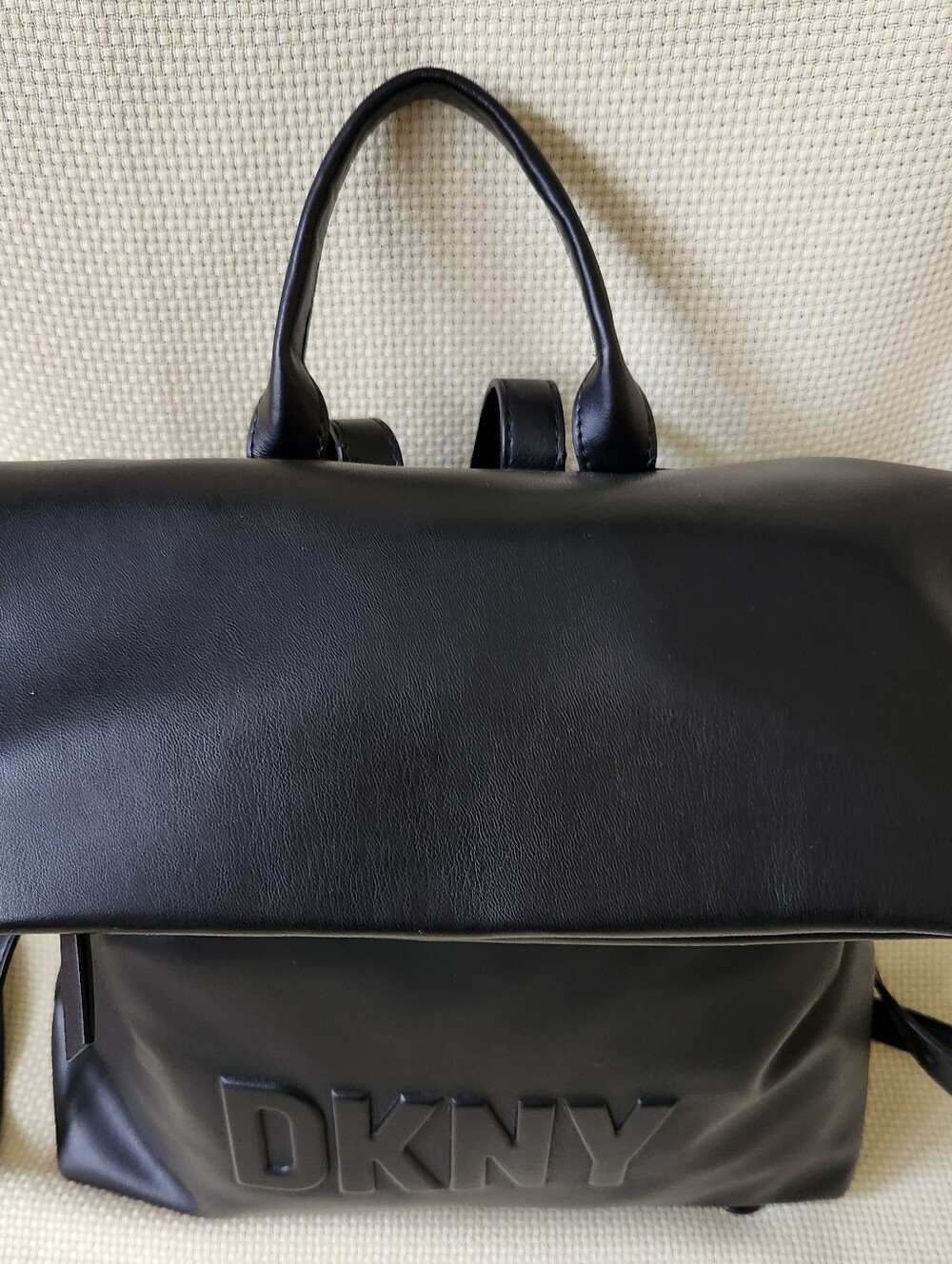 DKNY Tilly Foldover Backpack Black Faux Leather Debossed Logo Medium EUC - Picture 2 of 16